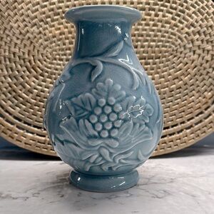 Vintage Light Blue Crazed Glazed Ceramic Vase with Floral and Grapevine Pattern‎